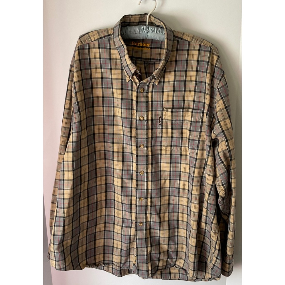Barbour Mens XL The Tartan Shirt Long Sleeve Button Down Plaid Tan Grey Red